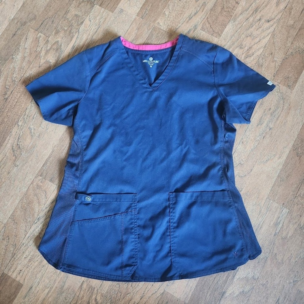 Med Couture Touch Navy Blue V-Neck Scrub Top Womens Medium Ribbed Panels 324